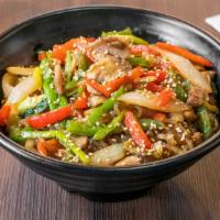 Japchae · Glass noodle stir-fried with pork and mixed vegetables.

Recommended for DINE IN ONLY