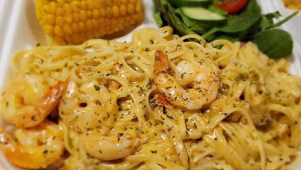 Linguine Alfredo · Linguine seasoned with Foxy’s Italian Seasoning and tossed in a Creamy Alfredo Sauce. Served with a Tossed Salad, Corn on the Cob and Garlic Bread.