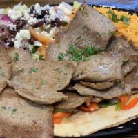 Gyro Platter · Beef & Lamb Gyro ,Hummus, Greek Salad, pickles, Tzatziki sauce, Rice, Greek Dressing, Pita S...