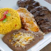 Carne Asada A La Tampiquena · Grilled steak, cheese enchilada served with yellow rice, refried beans, and Mexican crema