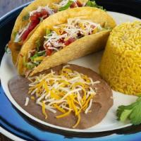 Two Taco Plate · Two tacos with your choice of filling, soft or deep fried, topped with lettuce, tomatoes, sh...