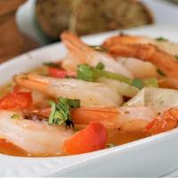 Shrimp Scampi · Camarones al Ajillo | Sauteed shrimp with onions, bell peppers,  garlic sauce, and wine