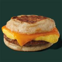 Sausage, Cheddar & Egg Sandwich · A savory sausage patty, fluffy cage-free eggs and aged Cheddar cheese on a perfectly toasted...
