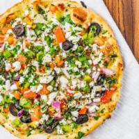 Pizza El Greco · Fresh diced tomatoes, black olives, sweet red onions, roasted peppers over melted mozzarella...