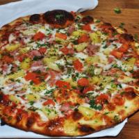 Hawaiian Pizza · Smoked ham, juicy pineapple, fresh diced tomatoes, san marzano tomato sauce, and melted mozz...