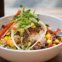 Fantastic Bowl  · Rice & beans , onion , corn 
Picadillo Or Chicken Or veggies