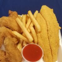 Catfish & Wings · 2 pieces of catfish and 3 wings served with fries
