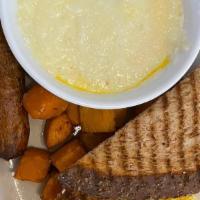 Big Breakfast · Two eggs, bacon or chicken sausage, sweet potato hash, parmesan grits & toast.