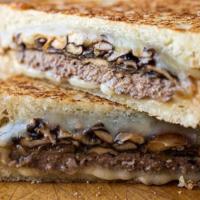 Mushroom Patty Melt Sandwich · Hamburger patty, mushrooms sauteed in cream sauce, grilled onions, pepper jack cheese, Ameri...