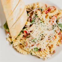 Chicken Gouda Pasta · Blackened chicken, spinach, bacon, red peppers, green onions, sun-dried tomatoes, mushrooms,...