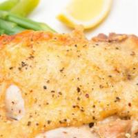 Chicken Francese · Fresh chicken, battered egg, sautéed with lemon herbs, butter, and white wine sauce, served ...