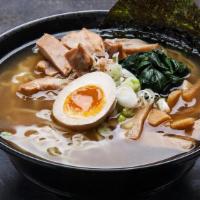 The Shoyu · Clear chicken broth with shoyu, amboo shoot, spinach, green onion and egg.