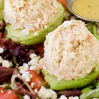 #27 Stuffed Avocado · Feta, tomatoes, greens and your choice of either Tuna Salad or Chicken Salad.