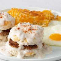 Biscuits & Gravy With Eggs* · house-made sausage patties inside 2 buttermilk biscuits, topped with savory country sausage ...