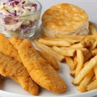 Chicken Tenders · Served with seasoned French fries and a fresh-baked buttermilk biscuit.