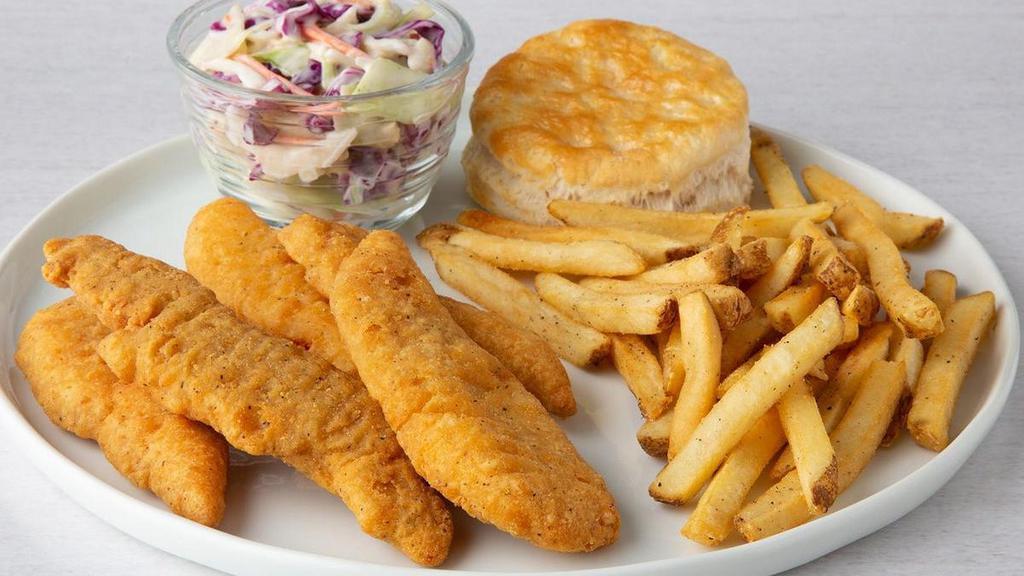 Chicken Tenders · Served with seasoned French fries and a fresh-baked buttermilk biscuit.