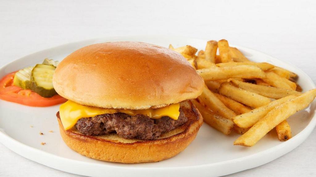 Kids' Crush Cheeseburger · Quarter pound crush burger with American cheese, tomato and pickles.