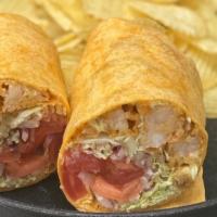 Shrimp Po' Boy Wrap · Fried shrimp, lettuce, red onions, tomatoes and tartar sauce. Your choice of spinach, chedda...