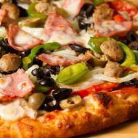 Partners Special · Pepperoni, sausage, hamburger, mushrooms, onions, green and red peppers, black olives, green...