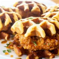 Sweet & Sticky Chicken Waffle Sliders · Tender & Sweet chicken sandwiched between two waffles