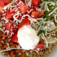 Fajita Bowl · Brown rice, pinto beans, grilled onions, grilled peppers, tomatoes, mozzarella, cheese, and ...