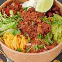 Pulled Beef Barbacoa Bowl · Pulled Beef Barbacoa with rice, shredded cheese, spiced fajita veg, beans, lettuce, pico de ...