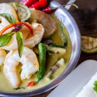 Green Curry · Spicy green coconut milk curry with bamboo shoots, Thai basil, eggplant, jalapenos, bell pep...