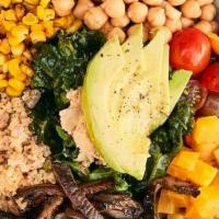 Power Bowl Vegan · Quinoa tabbouleh, Tuscan kale, avocado, cherry tomatoes, chickpeas, sweet corn, cucumbers, l...