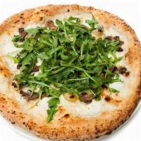 Tartufo Pizza · Fresh mozzarella, wild mushrooms, truffle pecorino, roasted garlic, arugula.