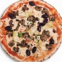 Veggie Pizza · Heirloom tomato, artichoke, kalamata olive, red onion, roasted red pepper.