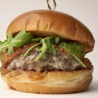 Dwade'S Woodfired Burger · Dry-aged beef, bacon jam, caramelized onion, aged white cheddar, roasted garlic aioli, serve...