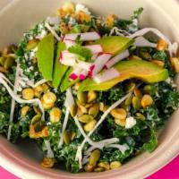 Chopped Kale Salad · Organic chopped kale & thin cut cabbage tossed in our homemade avocado lime crema and topped...