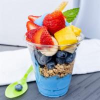 “Blue Magic” · Blue Spirulina Yogurt, Blueberries, Chia Seeds, Hemp Seeds, Bananas Granola, Pineapple, Stra...