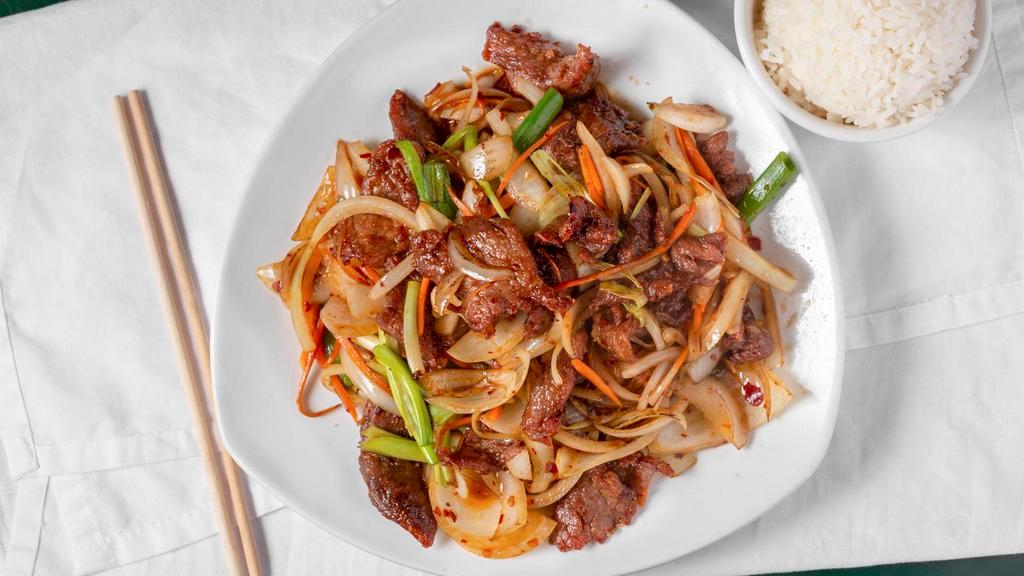 Large Mongolian Beef蒙古牛 · With white rice, onions, carrots and green onions.with fried rice  2.00 extra or noodles $3.00 extra