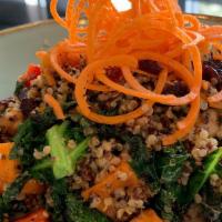 Quinoa Chop Chop · Grilled zucchini and butternut squash, kale, chickpea, red peppers and lemon tahini.