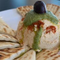 House Made Hummus · Olive oil, grilled pita and green house pesto.