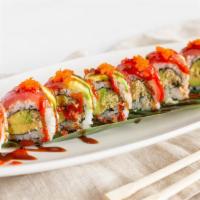 Ahi Crunch Roll · Hot. Avocado and tempura crunch roll topped with fresh tuna, avocado, masago, eel sauce and ...