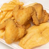 Tilapia With Wings · 2 pc tilapia, 3 wings served with fries.