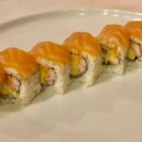 Best Of The Best Roll (8) · Crab meat, spicy mayo, avocado,  topped with fresh salmon.