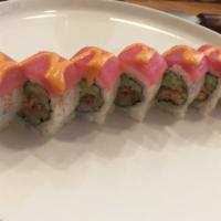 Manhattan Roll (8) · Salmon tempura, avocado, cucumber top with fresh tuna and spicy mayo.