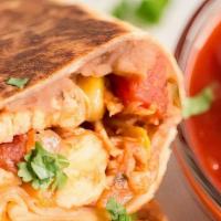 Chicken Burrito · Made with lettuce, rice, beans, pico de gallo, sour cream, and cheese wrapped in a white flo...