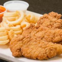 Chicken Strips Platter · Chicken strip platter, 4-piece crispy chicken strips, kurly fries, dipping sauce.