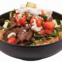 Greek Bowls · Our signature gyro ,romaine lettuce,seasoned rice cucumber & tomato salad  , with z sauce & ...