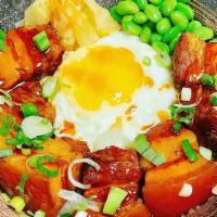 Rice With Pork Belly. 豬肉饭 · pork belly with homemade special sauce, seaweed salad, scallion, sunny egg on top.