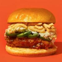 Bbq · Our signature fried chicken served on a toasted bun and topped with deep fried onionstrings,...
