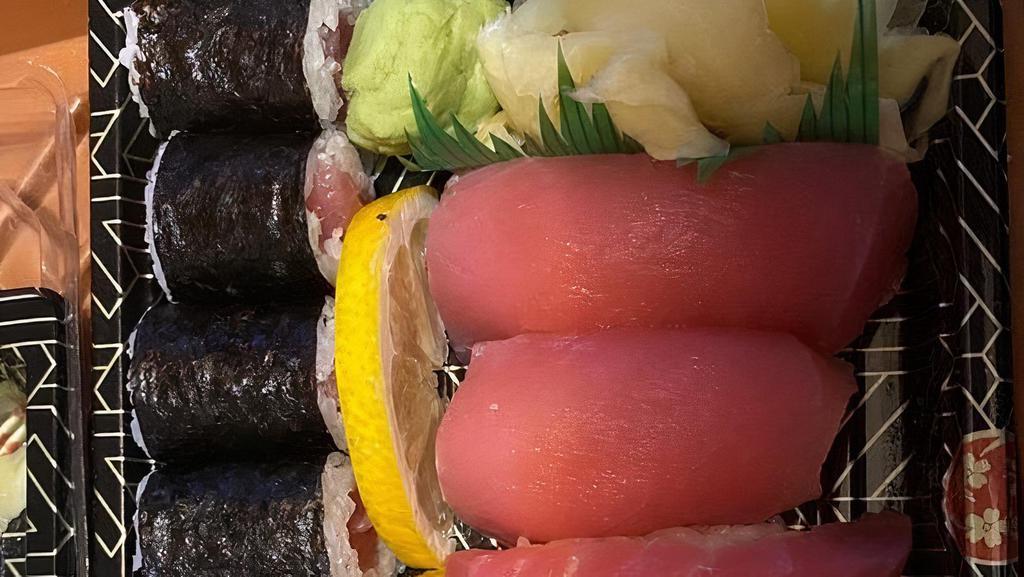 Tuna Platter · Six pieces, tuna sashimi four pieces, tuna sushi, and one tuna roll.