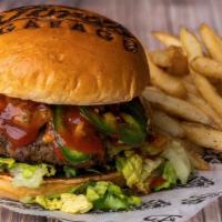 The High-Octane Burger · Half pound of grilled black angus, pepper jack cheese, guacamole, chipotle ketchup, lettuce,...
