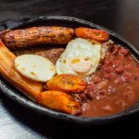 Bandeja Paisa · Rice, beans, flat meat steak or ground meat, belly pork, Colombian sausage, fried egg, sweet...