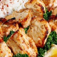 Chicken Kabob Platter · Popular item. Charbroiled chicken breast, lettuce, tomato, onion, pickles, garlic sauce, ser...