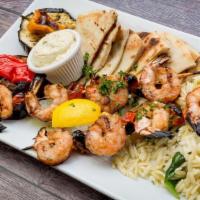 Shrimp Skewer Platter · 2 skewers with pita bread, spinach & onion orzo, lemon aioli and grilled veggies